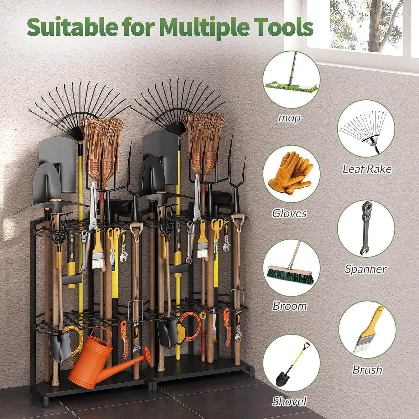 Mutifunctional Garden Tool Rack for Corner with Space Saving Triangular Design & Dual-Layer Grid Shelving – Heavy Duty Metal Storage Stand for Garages Balconies and Patios (28 x 16.7 x 13")