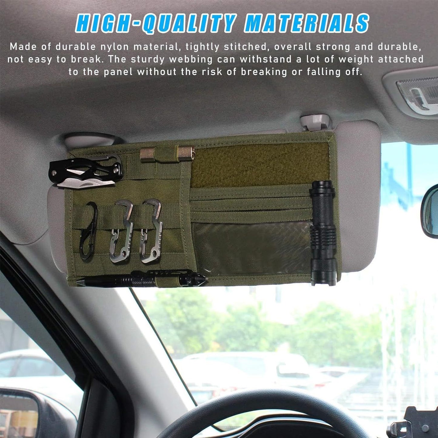 Black Tactical Molle Car Sun Visor Organizer Panel – Durable Nylon Vehicle Storage Pouch with Adjustable Buckle, Loop Panelled EDC Pockets and Pen Sheath for Cars, Trucks, SUVs and Daily Driving Essentials