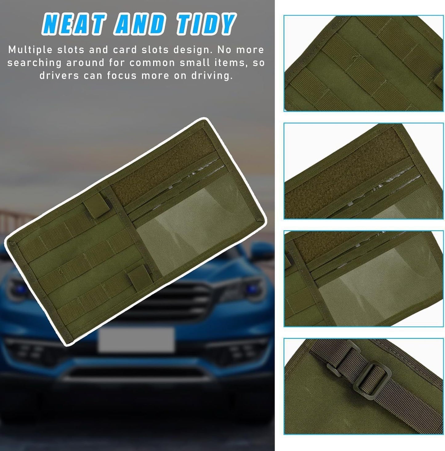 Navy Green Tactical Molle Car Sun Visor Organizer – Durable Nylon Vehicle Storage Pouch with Adjustable Buckle, Loop Panelled EDC Pockets and Pen Sheath for Cars, Trucks, SUVs and Daily Driving Essentials