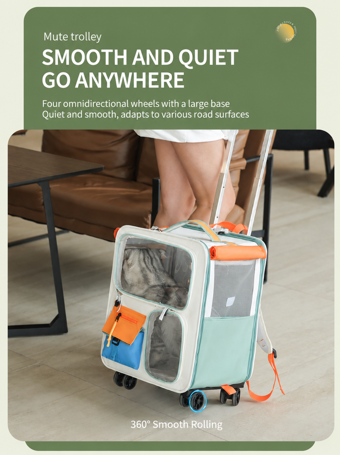 Brown and Grey Large Space Pet Carrier Trolley – Foldable Cat Carrier Backpack with Breathable Side Mesh & View Window, Silent Rolling Wheels, Storage Pocket and Removable Bottom Pad for Dog and Cat, 42 x 36 x 27CM