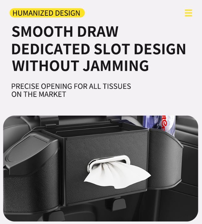 Mocha Brown Multifunctional Car Seat Back Storage Boxand Trash Can – PVC Leather Vehicle Hanging Organizer with Tissue Box Holder, Cup Holder, Phone Stand and Dual Hooks for Tidy Daily Commuting & Road Trip