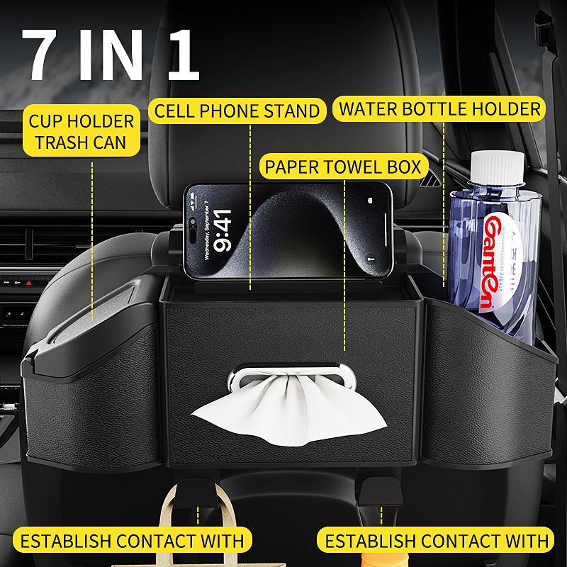 Soothing Gray Multifunctional Car Seat Back Storage Boxand Trash Can – PVC Leather Vehicle Hanging Organizer with Tissue Box Holder, Cup Holder, Phone Stand and Dual Hooks for Tidy Daily Commuting & Road Trip