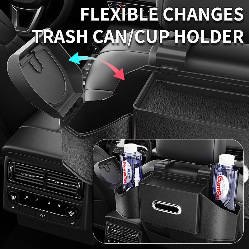 Soothing Gray Multifunctional Car Seat Back Storage Boxand Trash Can – PVC Leather Vehicle Hanging Organizer with Tissue Box Holder, Cup Holder, Phone Stand and Dual Hooks for Tidy Daily Commuting & Road Trip