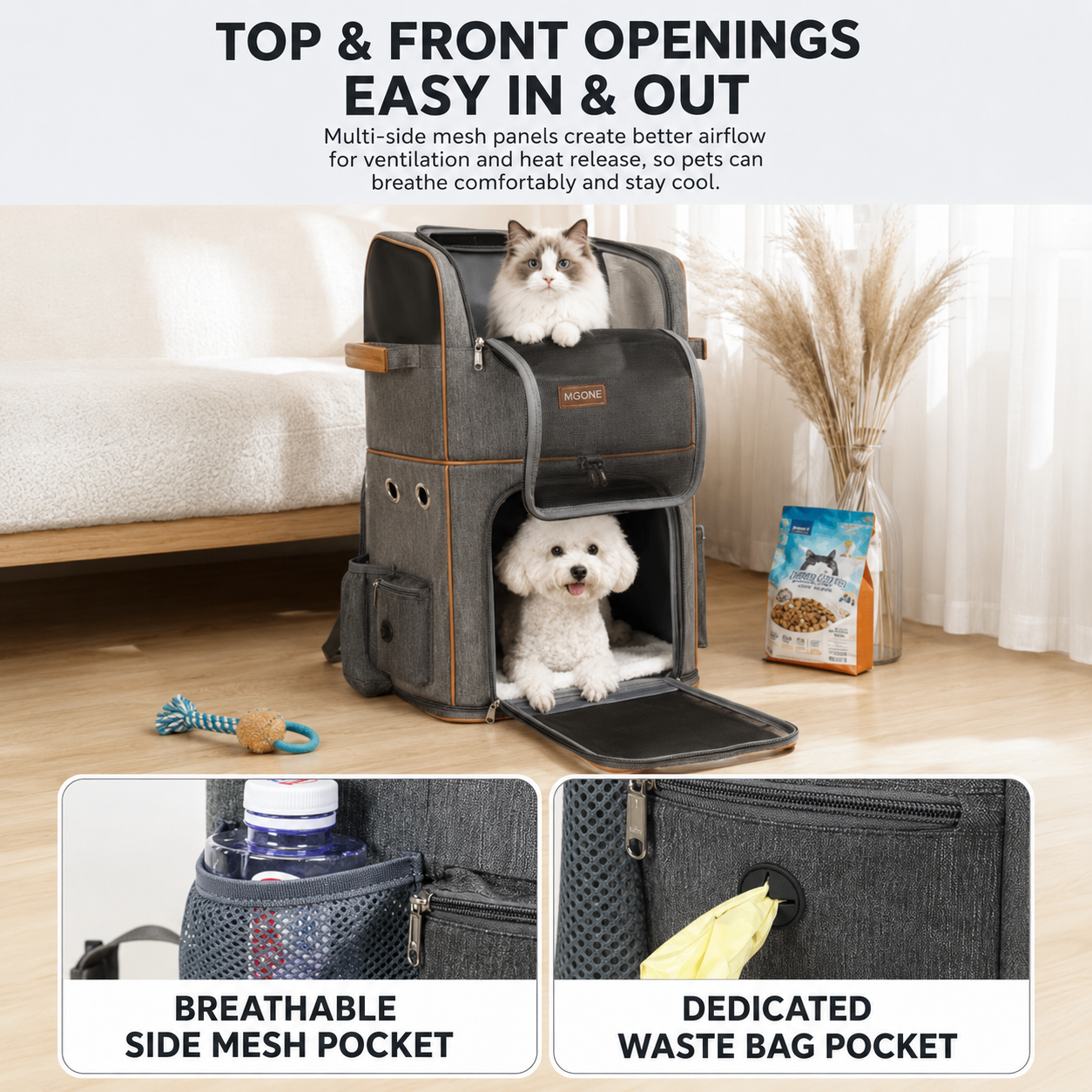 Green Double Layer Pet Backpack and Trolley Carrier - Foldable Large Capacity Design, Breathable Mesh Window, Zipper Access, Fixing Attachment and Organised Side Storage for Travel and Vet Visits