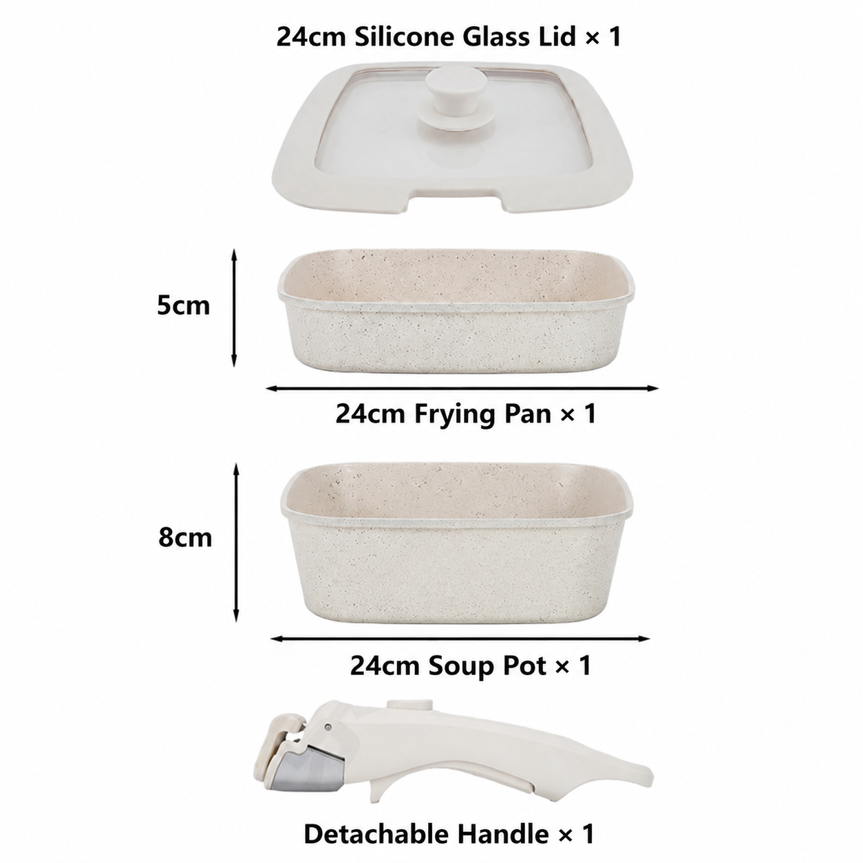 4 Piece Detachable Nonstick Aluminium Alloy Cookware Set (Dia 24CM) - Stackable Frying Pan and Saucepan with Silicone Glass Lid & Heat-Resistant Handle, Fast Heating and Easy Clean for Home and Travel