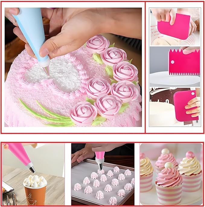 32-Piece Pink Cake Decorating Kit with 24 Numbered Icing Piping Tips, 2 Reusable Pastry Bags, 3 Icing Scrapers and Organised Storage Case for Frosting Cookie Cupcake