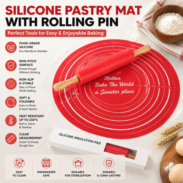 2PCS Red Nonstick Silicone Dough Mat and Rolling Pin - Non Slip Baking Accessories with Measurement Marks, Heat Resistant & Easy to Clean for Bread Cake Dough Pre