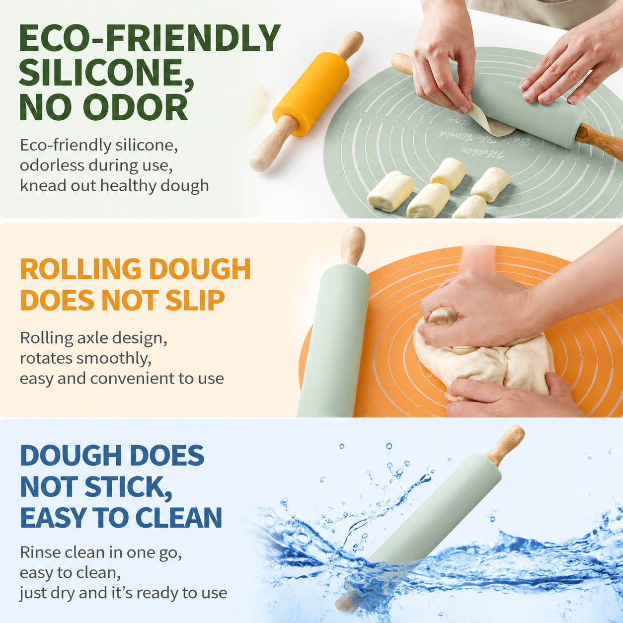 2PCS Blue Nonstick Silicone Dough Mat and Rolling Pin - Non Slip Baking Accessories with Measurement Marks, Heat Resistant & Easy to Clean for Bread Cake Dough Pre