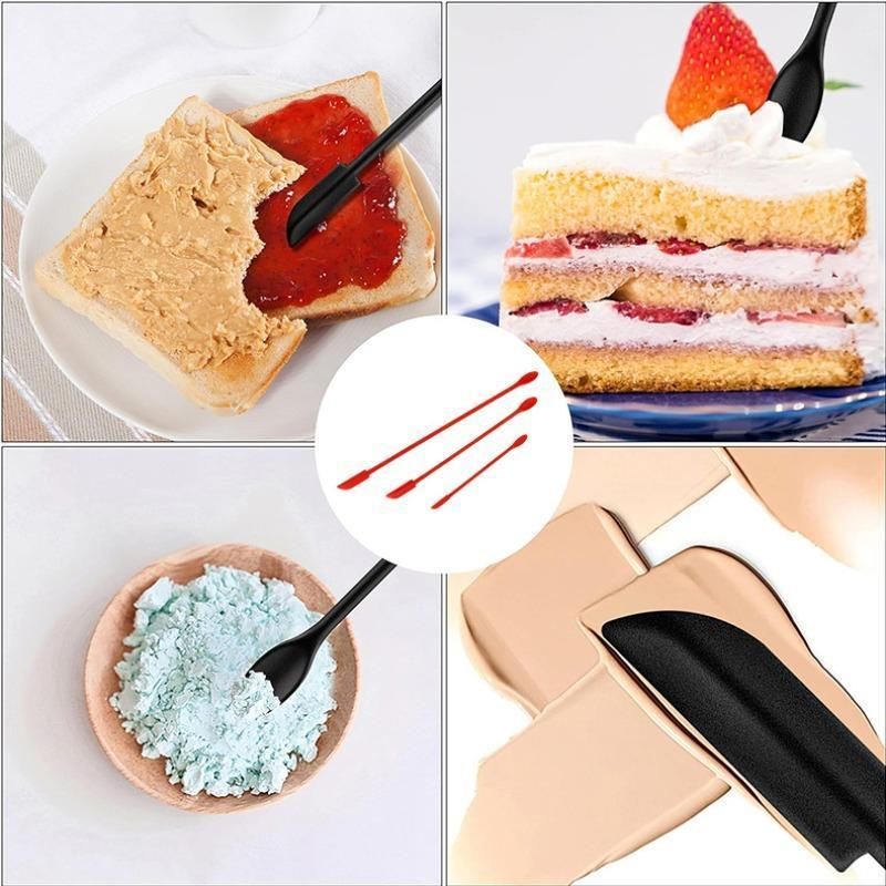 Pink Silicone Mini Double Ended Spatula Spoon Set of 3 Sizes - Flexible Kitchen Mixing Spatula with Long Handle for Narrow Cosmetic Bottles Jam Jars Cream Containers