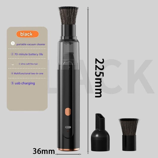 Black Portable Handheld Car Vacuum Cleaner - Rechargeable Mini Dust Collector with Soft Bristle Brush and Particle Nozzle for Car Interiors, Desktops, Keyboards, and Home Use - Wireless Design with Type-C Charging