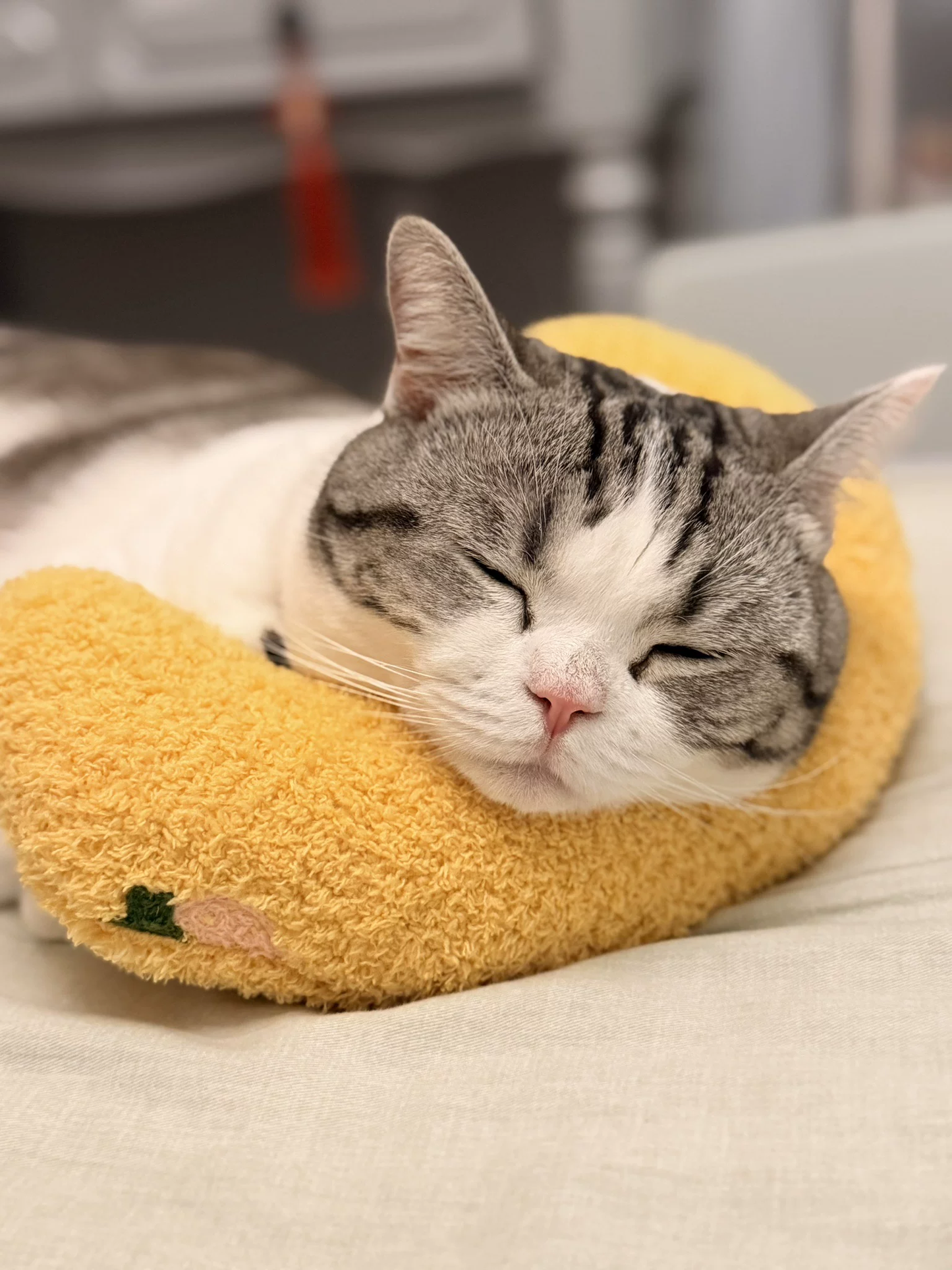 Yellow Pet U-Shaped Pillow - Soft Teddy Velvet Neck Support Cushion for Dogs and Cats, Deep Sleep Aid with Embroidered Design, Lightweight and Comfortable Pet Bed Accessory