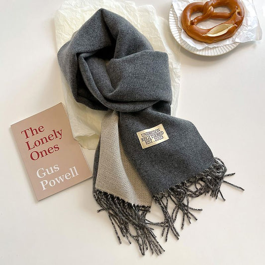 Dark Grey and Beige Double-Sided Reversible Imitation Cashmere Scarf for Women - Soft Warm Winter Neck Wrap with Classic Boho Tassel Edge, Solid Color Design for Versatile Styling - Cozy Everyday Accessory for Travel, Work & Casual Wear