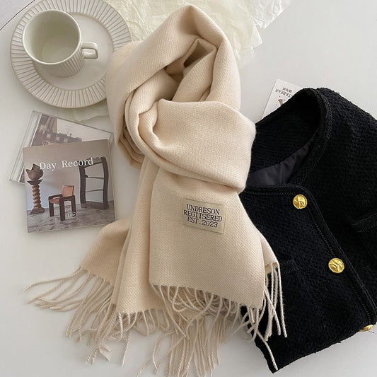 Beige Double-Sided Reversible Imitation Cashmere Scarf for Women - Soft Warm Winter Neck Wrap with Classic Boho Tassel Edge, Solid Color Design for Versatile Styling - Cozy Everyday Accessory for Travel, Work & Casual Wear