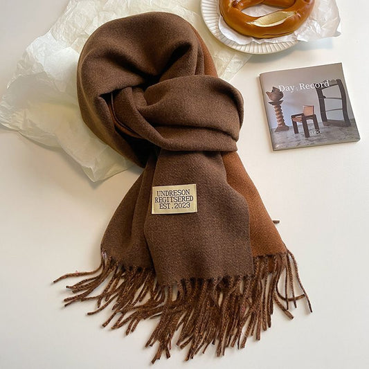 Brown and Caramel color Double-Sided Reversible Imitation Cashmere Scarf for Women - Soft Warm Winter Neck Wrap with Classic Boho Tassel Edge, Solid Color Design for Versatile Styling - Cozy Everyday Accessory for Travel, Work & Casual Wear