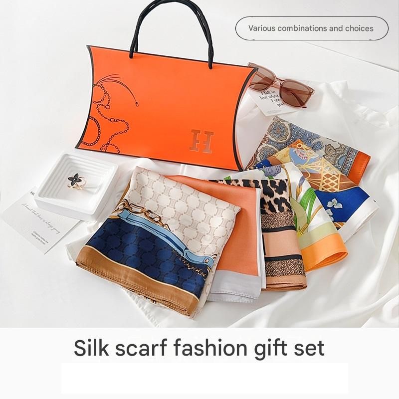 Light Green Ink-Wash Style Korean Design 70x70cm Imitation Silk Scarf Gift Set for Women - Fashionable Square Scarf with Scarf Ring & Luxury Gift Box, Versatile Neck Scarf for Mum, Grandma, Ladies - Ideal Gift for Mother's Day, Birthday, Anniversary