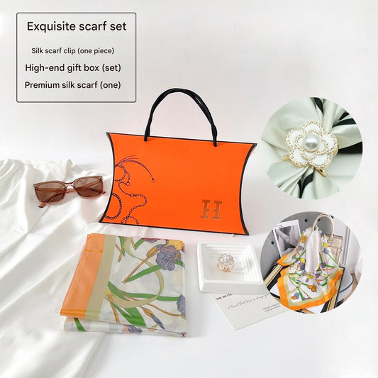 Butterfly and Flower Styles Korean Design 70x70cm Imitation Silk Scarf Gift Set for Women - Fashionable Square Scarf with Scarf Ring & Luxury Gift Box, Versatile Neck Scarf for Mum, Grandma, Ladies - Ideal Gift for Mother's Day, Birthday, Anniversary