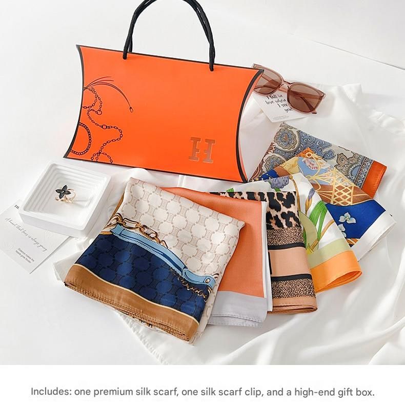 Leopard Print Style Korean Design 70x70cm Imitation Silk Scarf Gift Set for Women - Fashionable Square Scarf with Scarf Ring & Luxury Gift Box, Versatile Neck Scarf for Mum, Grandma, Ladies - Ideal Gift for Mother's Day, Birthday, Anniversary
