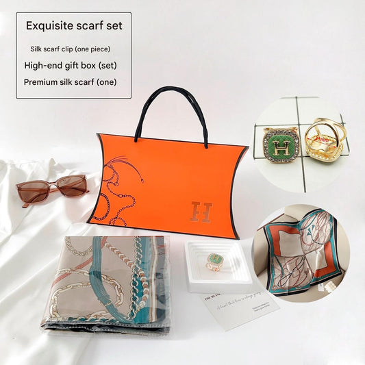 Colorful Chain Styles Korean Design 70x70cm Imitation Silk Scarf Gift Set for Women - Fashionable Square Scarf with Scarf Ring & Luxury Gift Box, Versatile Neck Scarf for Mum, Grandma, Ladies - Ideal Gift for Mother's Day, Birthday, Anniversary