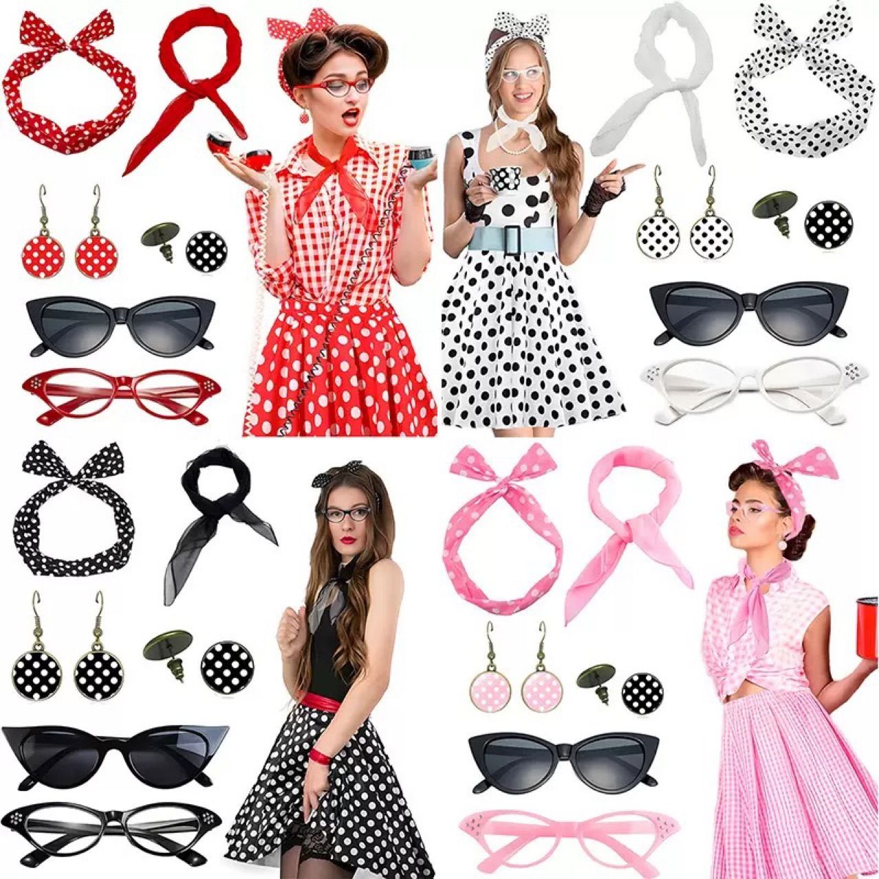 Black 6 Piece Vintage Polka Dot Party Kit Accessories Set - 1950s Retro Costume with Cat Eye Sunglasses, Headband, Earrings, Studs and Neck Scarf for Cosplay and Themed Events