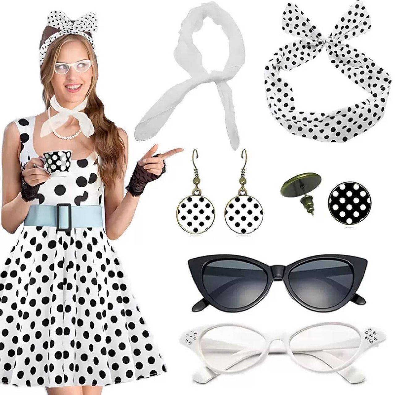 White 6 Piece Vintage Polka Dot Party Kit Accessories Set - 1950s Retro Costume with Cat Eye Sunglasses, Headband, Earrings, Studs and Neck Scarf for Cosplay and Themed Events