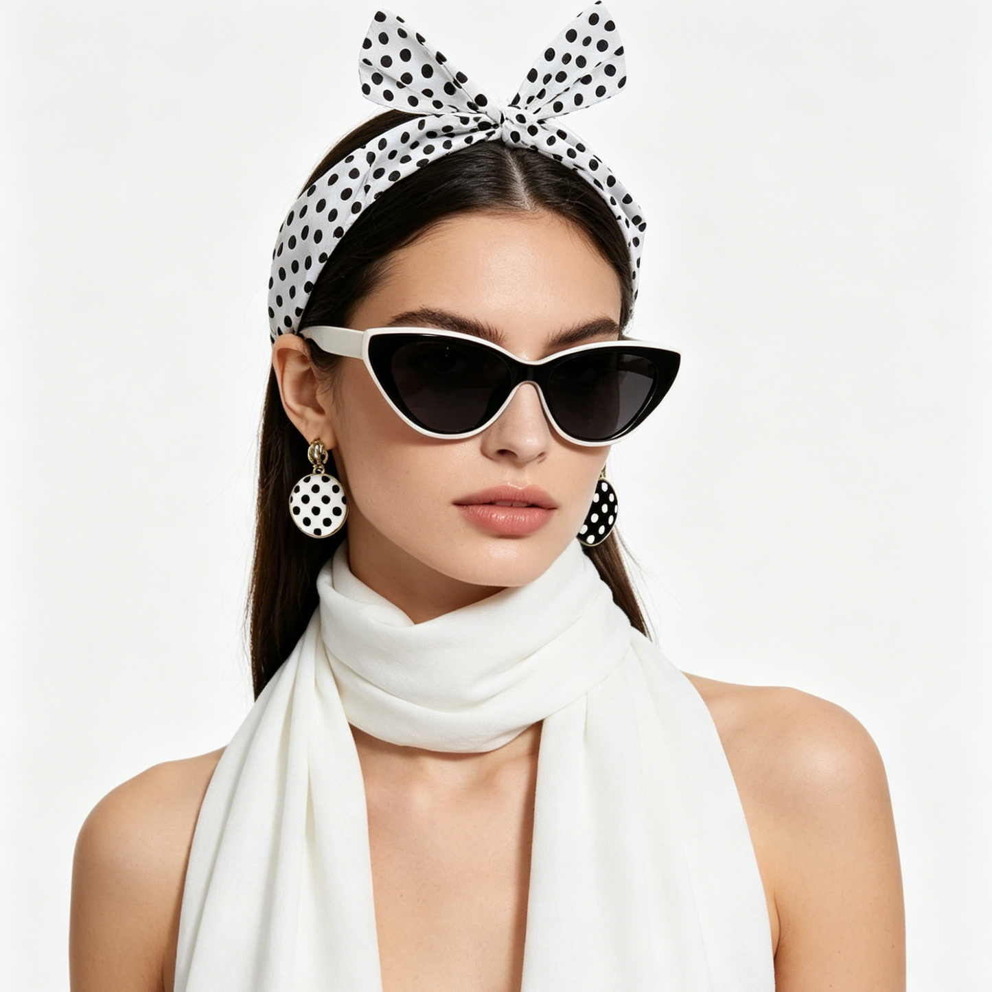 White 6 Piece Vintage Polka Dot Party Kit Accessories Set - 1950s Retro Costume with Cat Eye Sunglasses, Headband, Earrings, Studs and Neck Scarf for Cosplay and Themed Events