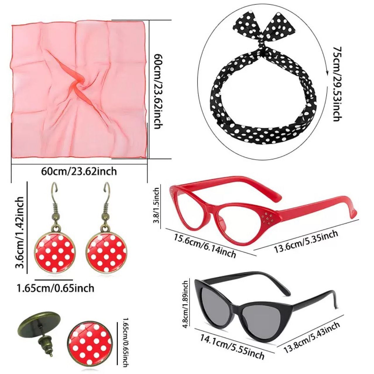 White 6 Piece Vintage Polka Dot Party Kit Accessories Set - 1950s Retro Costume with Cat Eye Sunglasses, Headband, Earrings, Studs and Neck Scarf for Cosplay and Themed Events