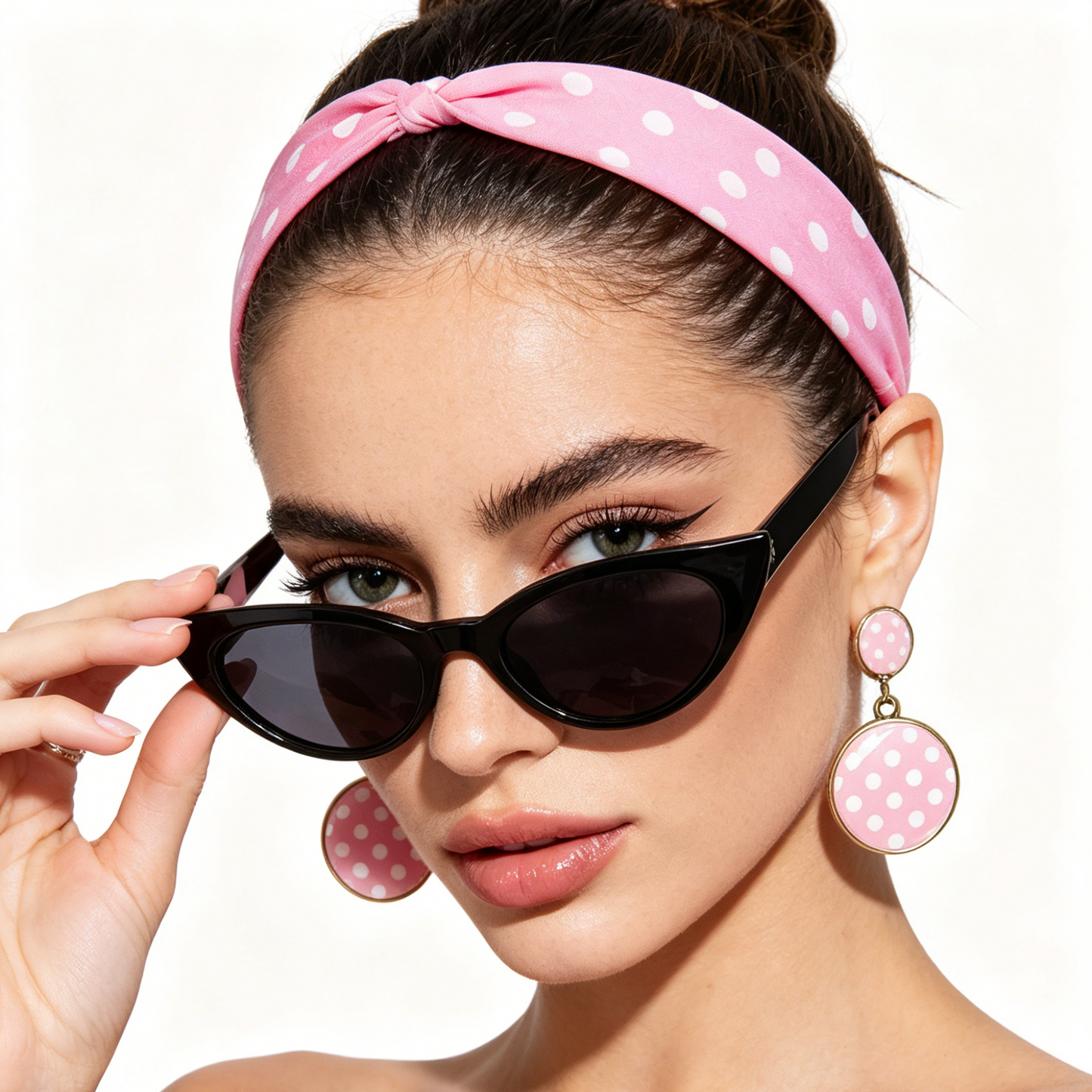 Pink 6 Piece Vintage Polka Dot Party Kit Accessories Set - 1950s Retro Costume with Cat Eye Sunglasses, Headband, Earrings, Studs and Neck Scarf for Cosplay and Themed Events