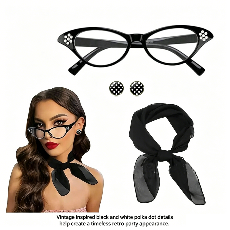 Pink 6 Piece Vintage Polka Dot Party Kit Accessories Set - 1950s Retro Costume with Cat Eye Sunglasses, Headband, Earrings, Studs and Neck Scarf for Cosplay and Themed Events