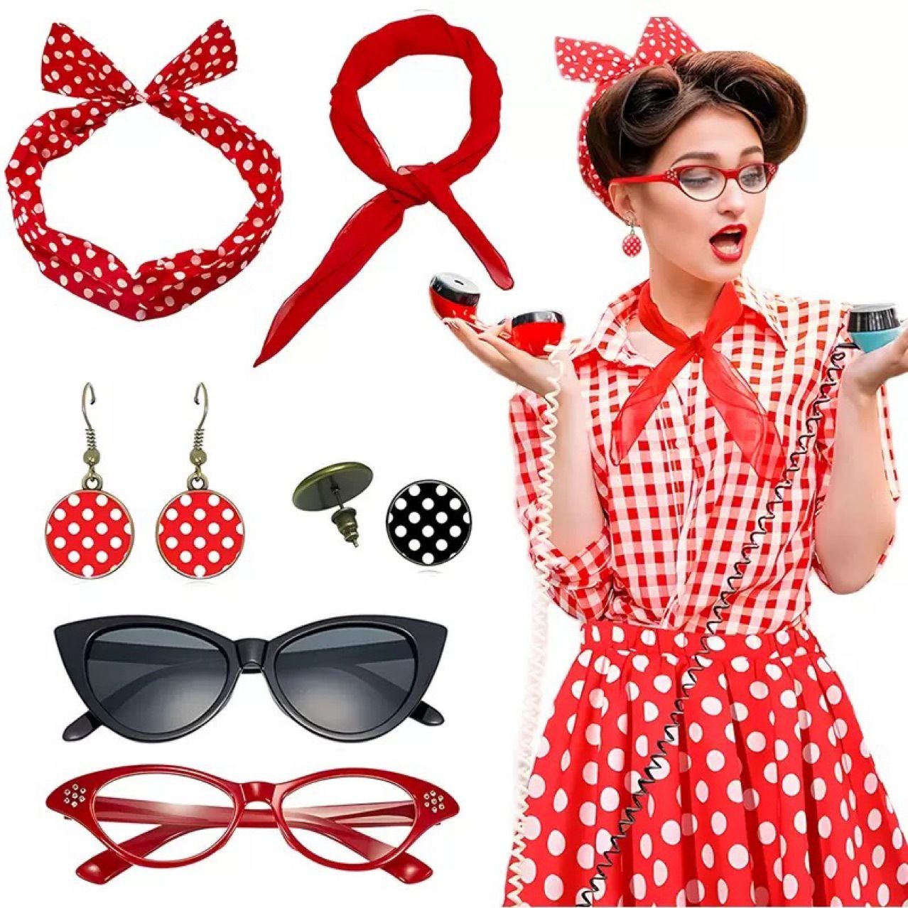 Red 6 Piece Vintage Polka Dot Party Kit Accessories Set - 1950s Retro Costume with Cat Eye Sunglasses, Headband, Earrings, Studs and Neck Scarf for Cosplay and Themed Events
