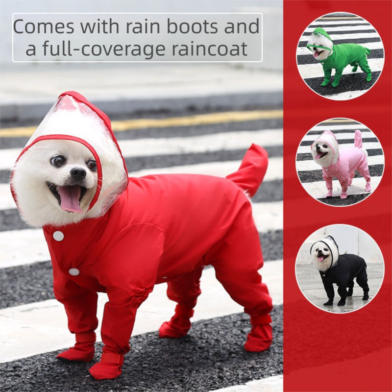 Red XL size Full Coverage Pet Raincoat Jumpsuit Waterproof Dog Rain Suit with Attached Shoes and Tail Cover-Lightweight Hooded Dog Poncho for Small Dogs