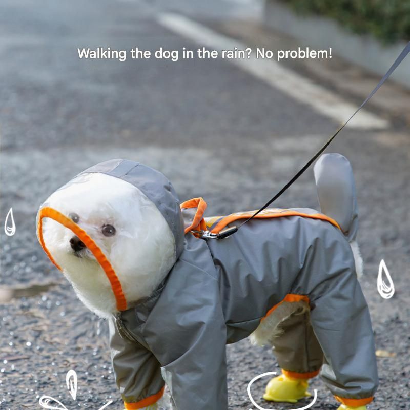 Grey and Orange S size Dog Raincoat with Leash Access and Transparent Hood - Waterproof Full Body Pet Rain Suit for Small and Medium Dogs, Reflective Trim, Removable Tail Cover, Outdoor Walking Apparel