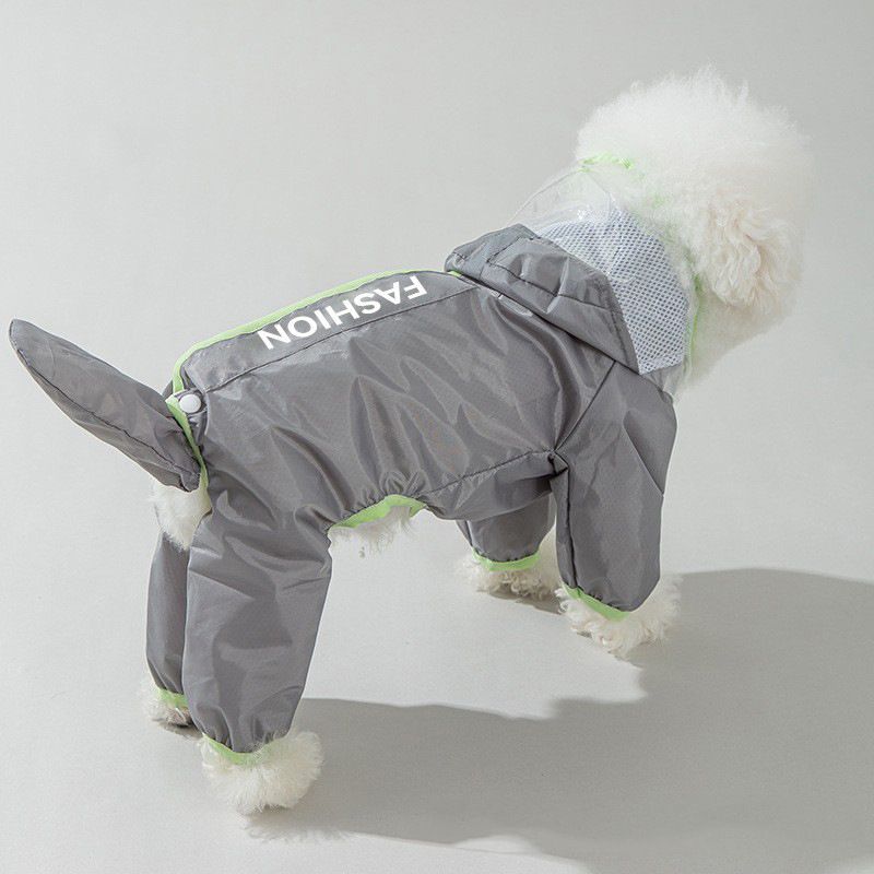 Grey and Green L size Dog Raincoat with Leash Access and Transparent Hood - Waterproof Full Body Pet Rain Suit for Small and Medium Dogs, Reflective Trim, Removable Tail Cover, Outdoor Walking Apparel