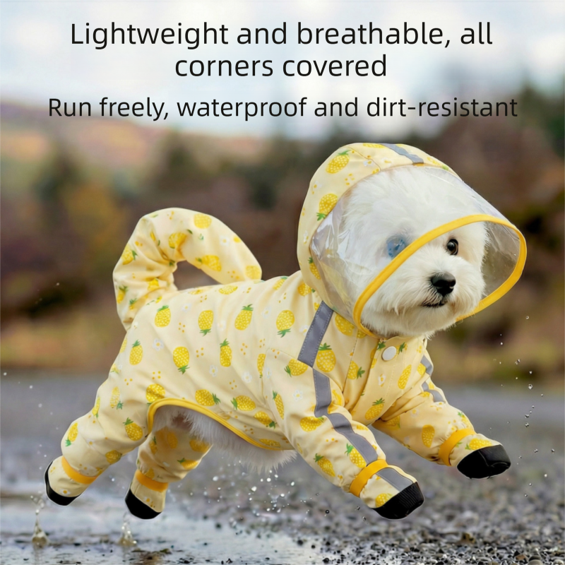 Yellow S size Pineapple Print Full-Cover Dog Raincoat with Transparent Hood, Waterproof Four-Leg Pet Rain Suit with Reflective Strips and Integrated Leash Ring for Small and Medium Dogs