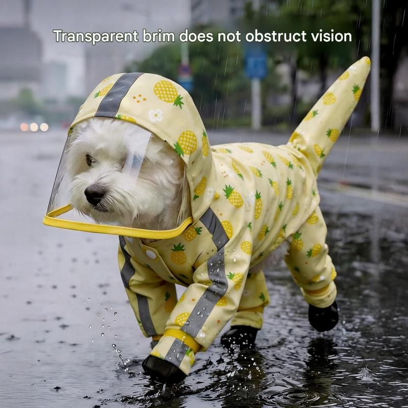 Yellow S size Pineapple Print Full-Cover Dog Raincoat with Transparent Hood, Waterproof Four-Leg Pet Rain Suit with Reflective Strips and Integrated Leash Ring for Small and Medium Dogs