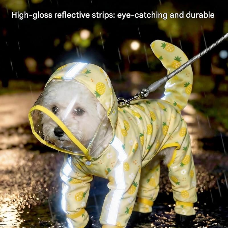 Yellow S size Pineapple Print Full-Cover Dog Raincoat with Transparent Hood, Waterproof Four-Leg Pet Rain Suit with Reflective Strips and Integrated Leash Ring for Small and Medium Dogs