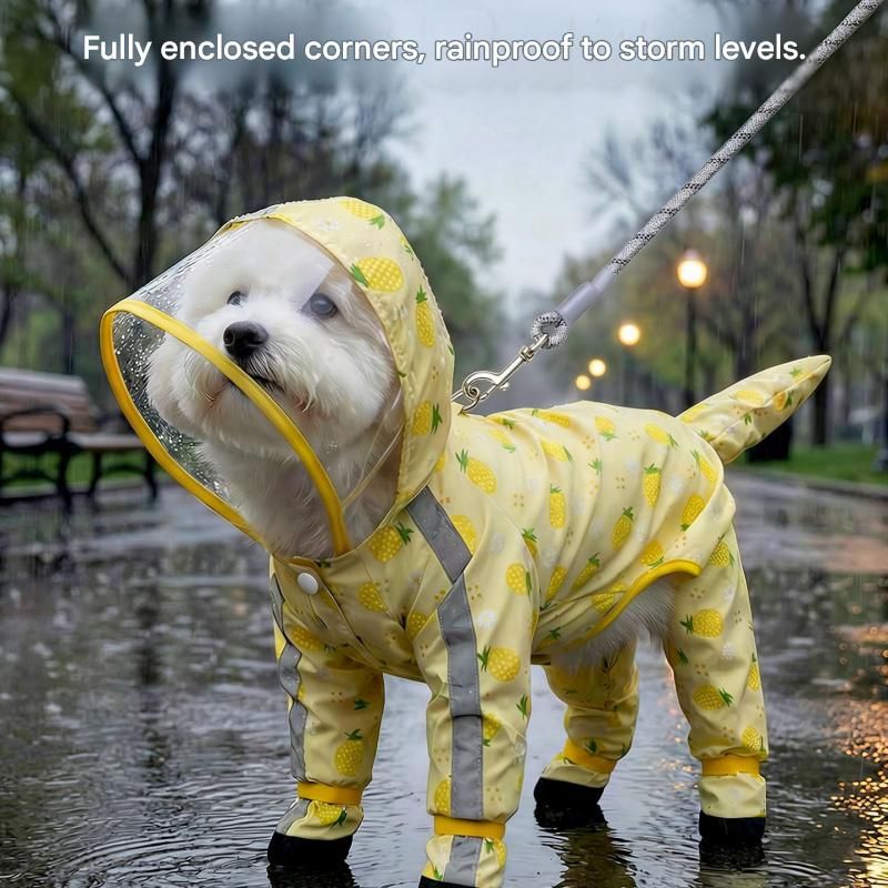 Yellow M size Pineapple Print Full-Cover Dog Raincoat with Transparent Hood, Waterproof Four-Leg Pet Rain Suit with Reflective Strips and Integrated Leash Ring for Small and Medium Dogs