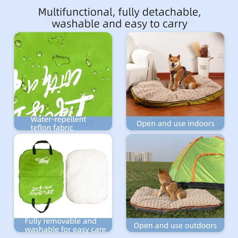 Green M size Portable Foldable Pet Bed Mat – Waterproof Travel Dog Bed and Cat Cushion with Carry Handles, Removable Washable Cover, Plush Comfort Padding for Indoor and Outdoor Use