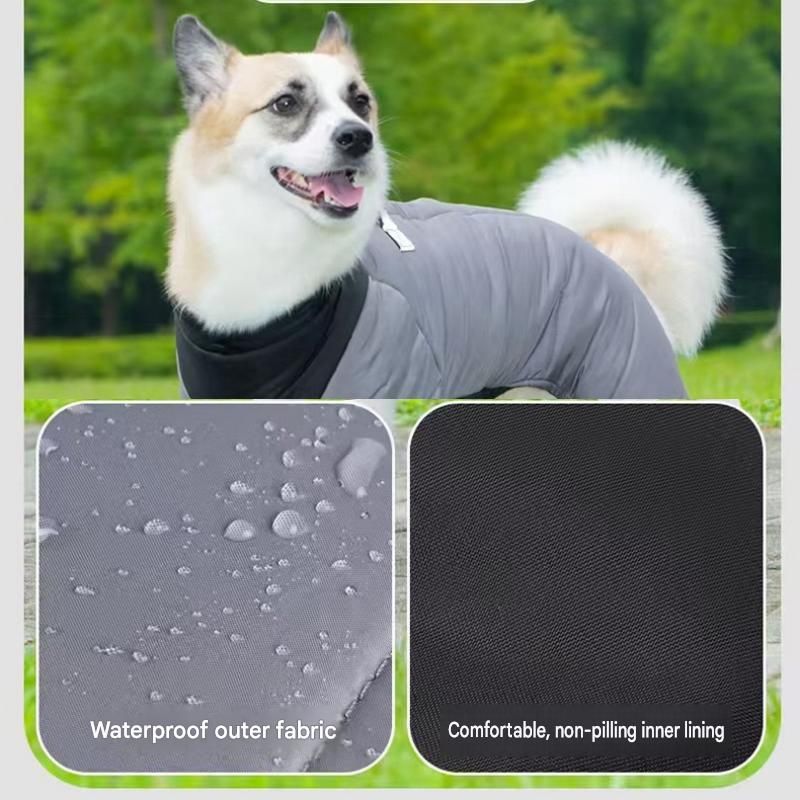 Orange S size Winter Dog Jumpsuit Coat – Waterproof Four-Leg Pet Jacket with Reflective Harness Clip, Windproof Warm Padded Puppy Snowsuit, Adjustable Polyester Dog Clothing for Small to Medium Dogs