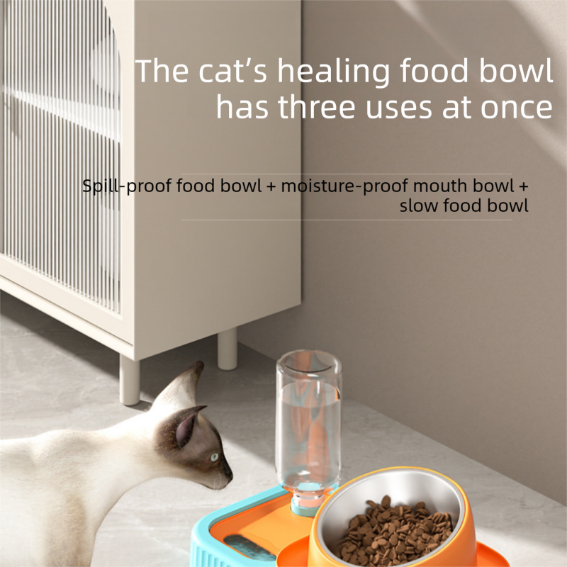 Yellow and Green Cat & Dog Feeding Station with Water Dispenser – Elevated Stainless Steel Pet Bowl Set with Slow Feeder, Anti-Spill Design and Automatic Water Supply