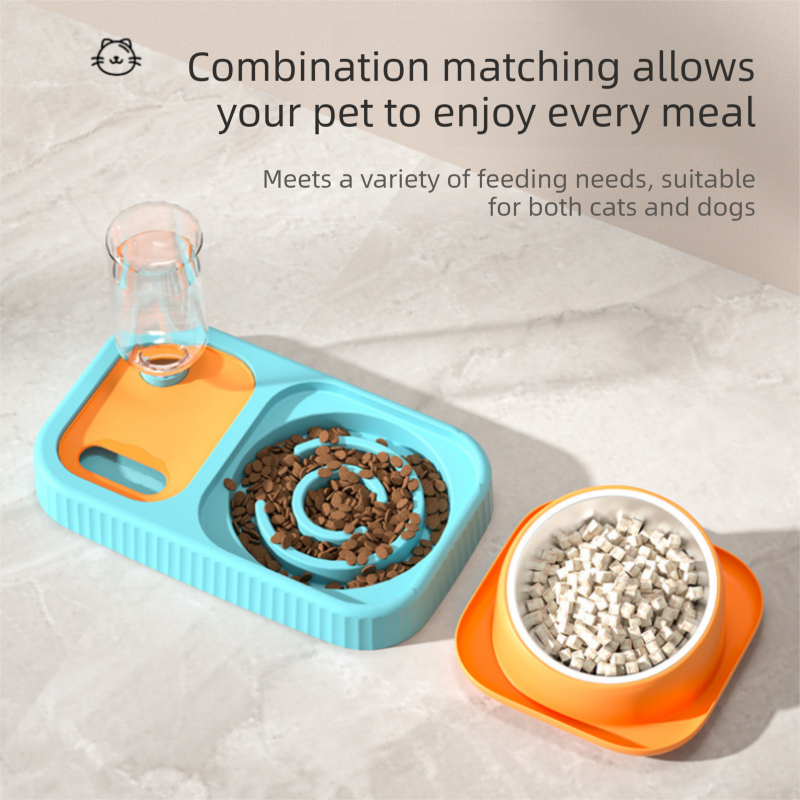 2 pcs  Grey and White Cat Feeding Station with Water Dispenser &  Slow Feeder Bowl Plus Cat Scratching Mat Set Gery 40x60cm Pet Dining and Furniture Protection Bundle