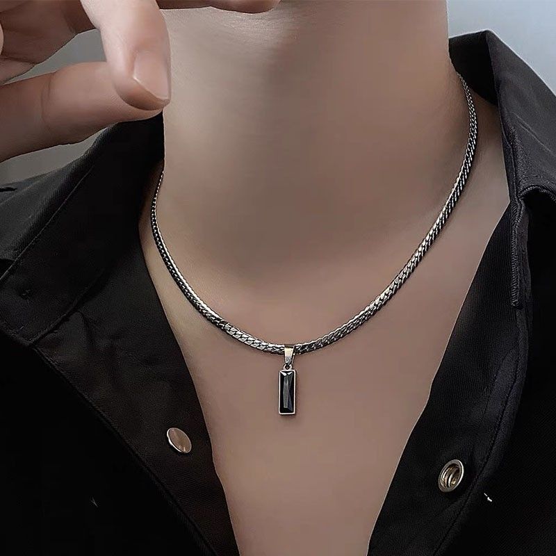 Black Zircon Bar Pendant Necklace 40cm+5cm for Men, Stainless Steel Cuban Chain Necklace, Minimalist Hip Hop Street Style Jewellery