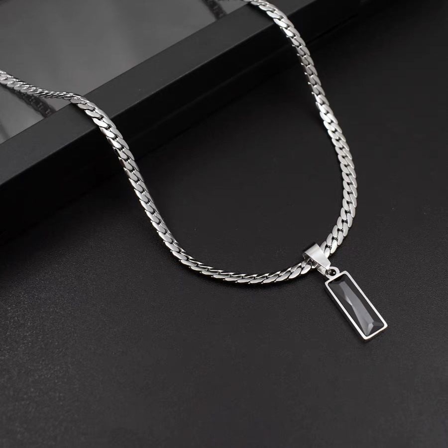 Black Zircon Bar Pendant Necklace 40cm+5cm for Men, Stainless Steel Cuban Chain Necklace, Minimalist Hip Hop Street Style Jewellery