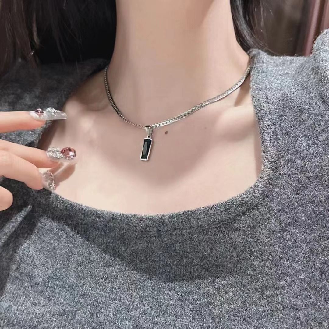 Black Zircon Bar Pendant Necklace 45cm+5cm for Men, Stainless Steel Cuban Chain Necklace, Minimalist Hip Hop Street Style Jewellery
