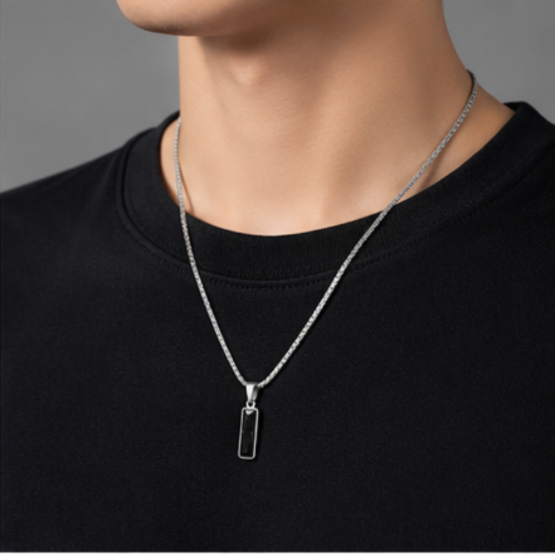 Black Zircon Bar Pendant Necklace 50cm+5cm for Men, Stainless Steel Cuban Chain Necklace, Minimalist Hip Hop Street Style Jewellery