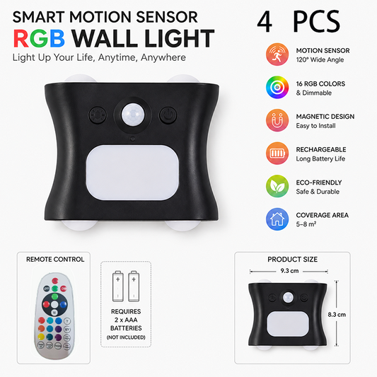 4 pcs Black  Motion Sensor Wall Light, Rechargeable Magnetic LED Ambient Wall Lamp with Remote Control, 16 Colors & 3 Color Temperatures, Wireless Indoor Night Light for Bedroom Hallway Living Room