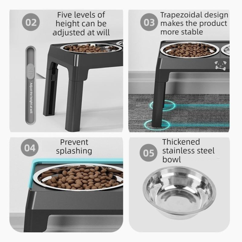Grey Adjustable Elevated Dog Bowl Stand with Stainless Steel Double Bowls, Foldable Raised Pet Feeding Station for Medium & Large Dogs, Anti-Slip Height Adjustable Food and Water Feeder
