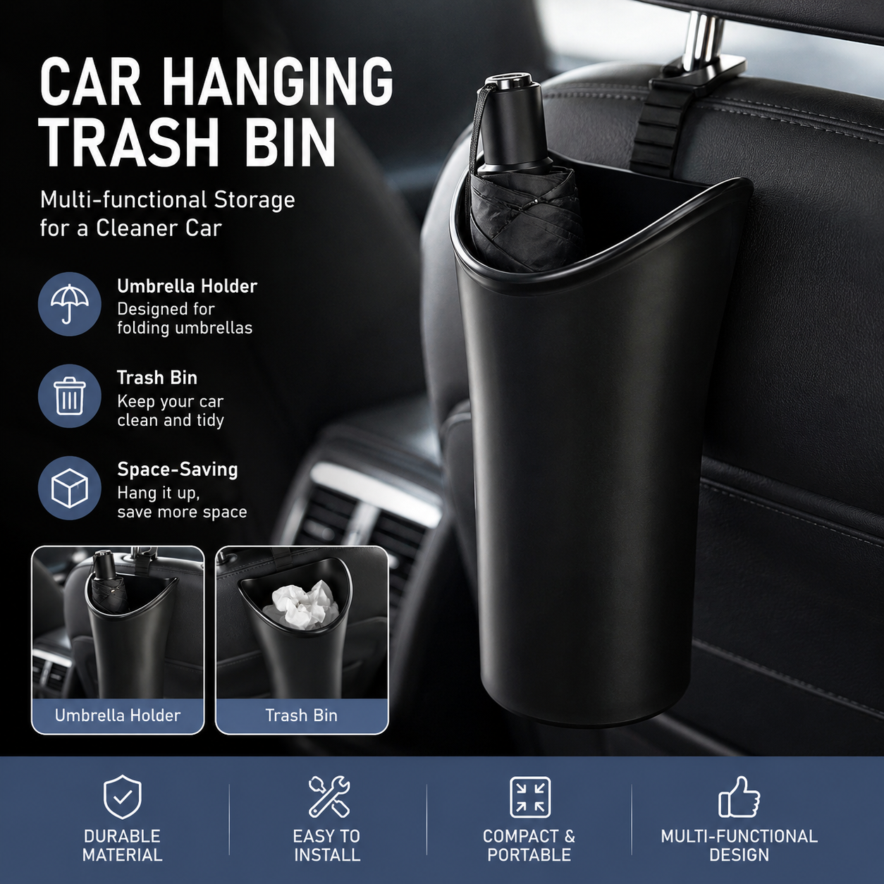 Car Umbrella Storage Bucket—a hanging storage container that is convenient to use; suitable for seatbacks or car doors, it is compact, practical, and doubles as a trash bin.