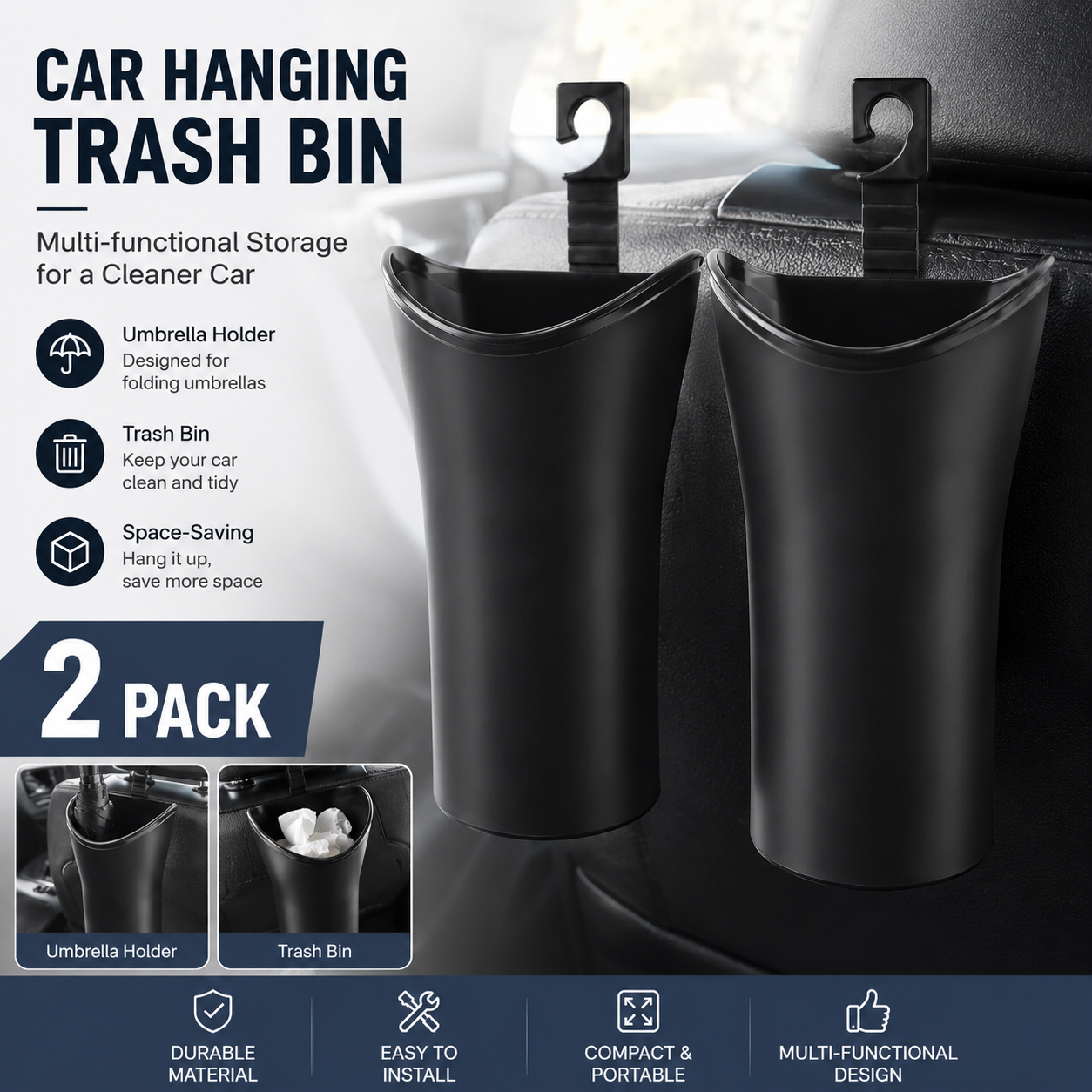 2pcs Car Umbrella Storage Bucket—a hanging storage container that is convenient to use; suitable for seatbacks or car doors, it is compact, practical, and doubles as a trash bin.