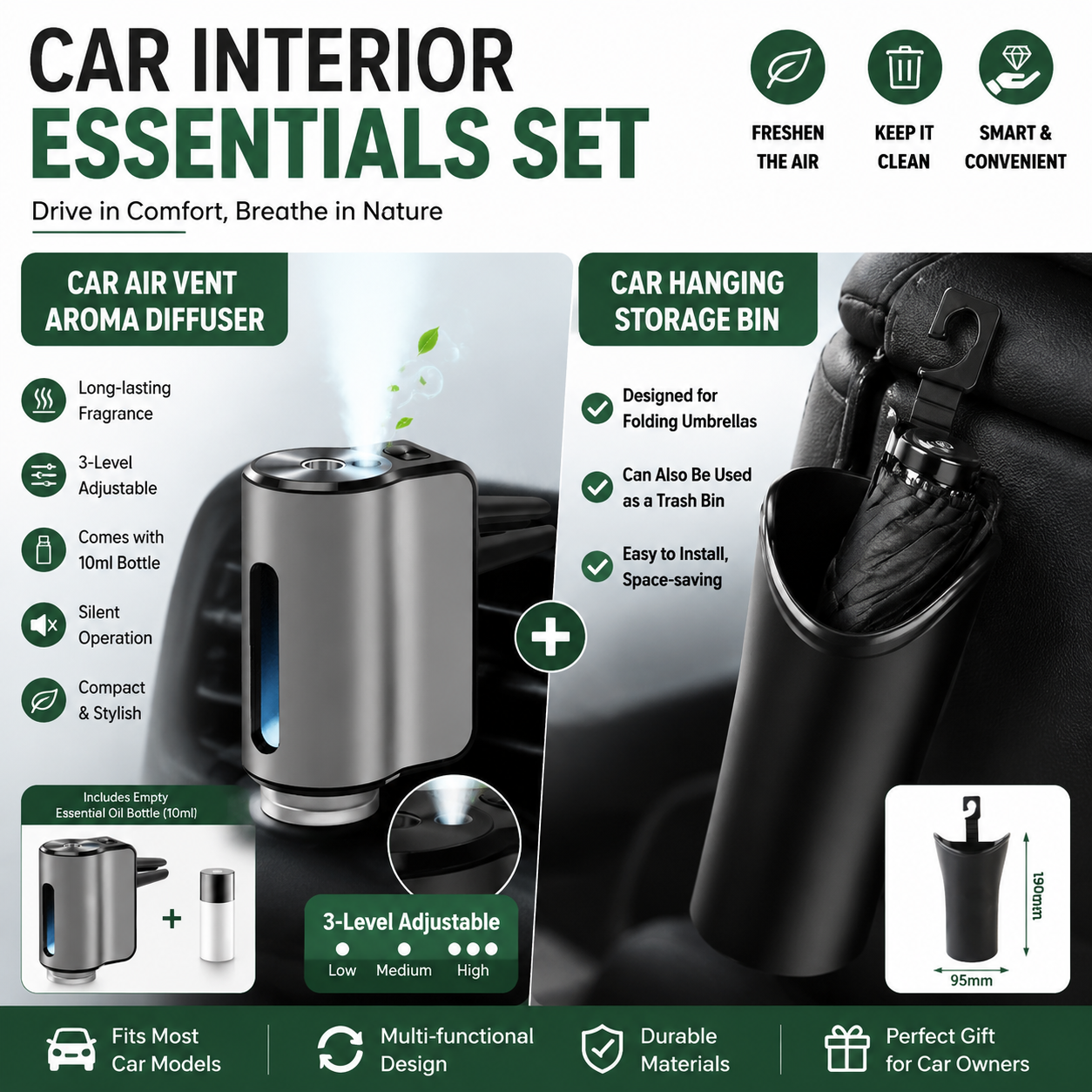 2 pcs Car interior essentials set-Silvery Car Air Vent Aroma Diffuser & Black Hanging Storage Bin- hanging storage container that is convenient to use and Compact