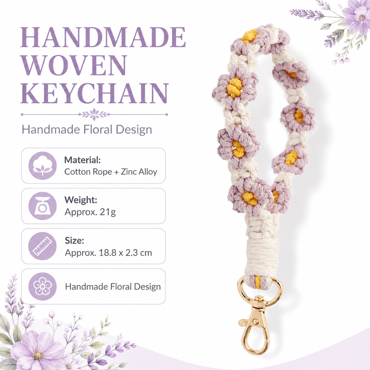 Purple Boho Daisy Handmade Braided Wrist Strap Keychain – Floral Crochet Keyring with Zinc Alloy Hook (Lightweight 21g Travel & Fashion Accessory)